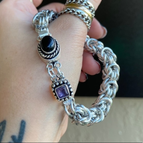 Amethyst & onyx gemstones , handmade maille links bizantine chain bracelet - Picture 6 of 15
